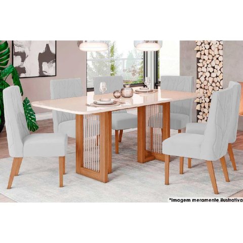 Sala de Jantar Completa Yara C/ Tampo Madeirado C/ Vidro Curvo 200x90cm e 6 Cadeiras Eloa Nature/