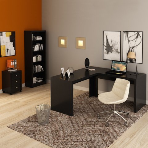 Conjunto Home Office 3 Peças com 1 Mesa em L, 1 Gaveteiro e 1 Estante para Livros Preto - Pnr Móveis