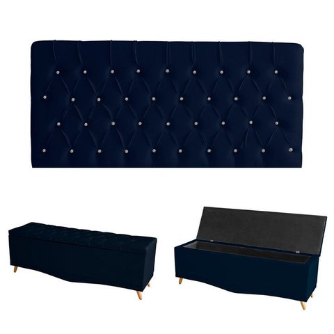 Kit Estrela Cabeceira de Cama Painel e Calçadeira Baú Botão Cristal Casal 140 Cm Suede Azul Eli Móve