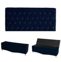 Ver imagem 1 de Kit Estrela Cabeceira de Cama Painel e Calçadeira Baú Botão Cristal Casal 140 Cm Suede Azul Eli Móve