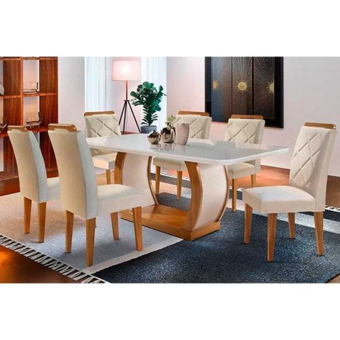 Conjunto: Mesa Sala Jantar Jade Tampo Madeirado C/ Vidro Curvo 180x90 e 6 Cadeiras Melissa Imbuia/