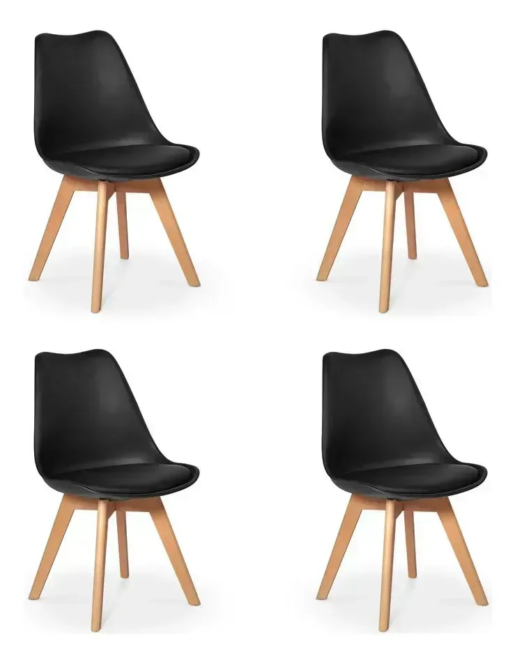 Kit 4 Cadeiras Jantar Saarinen Wood Tulipa Leda Eames Estofada Preta 136S