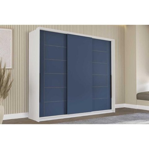 Guarda Roupa Casal 3 Portas de Correr e 4 Gavetas Lisboa Branco/azul - Politorno