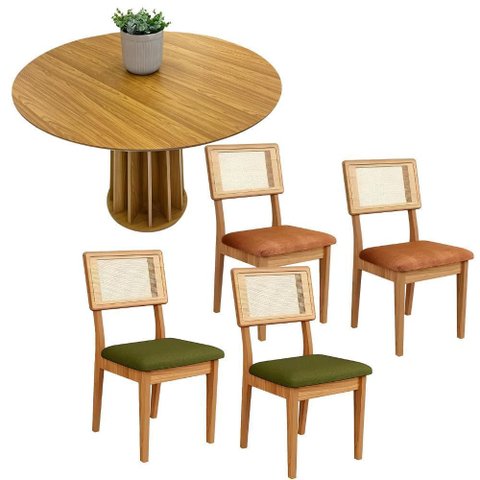 Mesa Jantar 105cm com 4 Cadeiras Base Ripada Dalla Costa Mdf Cor:freijó com Verde e Terracota;cor