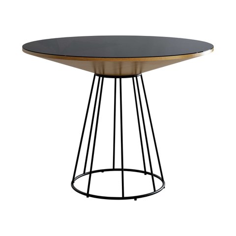 Mesa de Jantar Emma 120 Cm Cone Raiada Chanfrada Redonda Nozes com Vidro Preto Cozinha