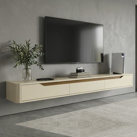 Rack Suspenso Slim Curvo 220cm para TV até 70” Moderno Luxo MDP/MDF com Portas Basculantes Off White
