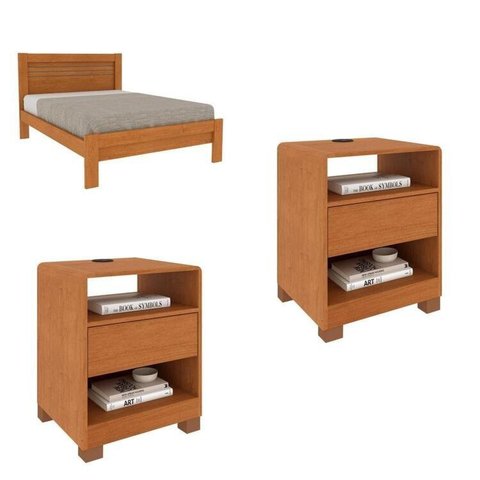 Conjunto Cama Casal Safira e 2 Mesas de Cabeceira Luna com USB Marrom/Cinamomo