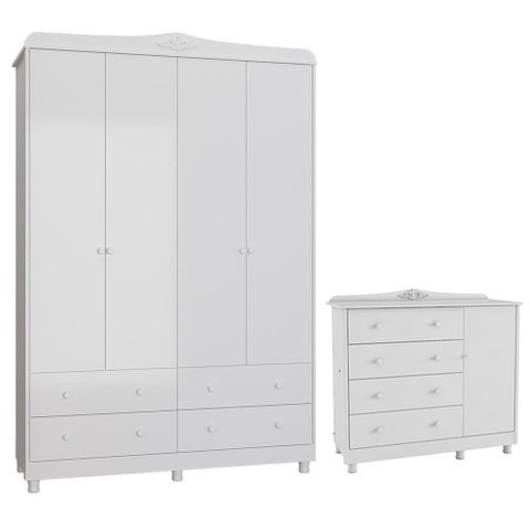 Jogo de Quarto Infantil Elô Guarda Roupa e Cômoda Branco Brilho - Móveis Peroba