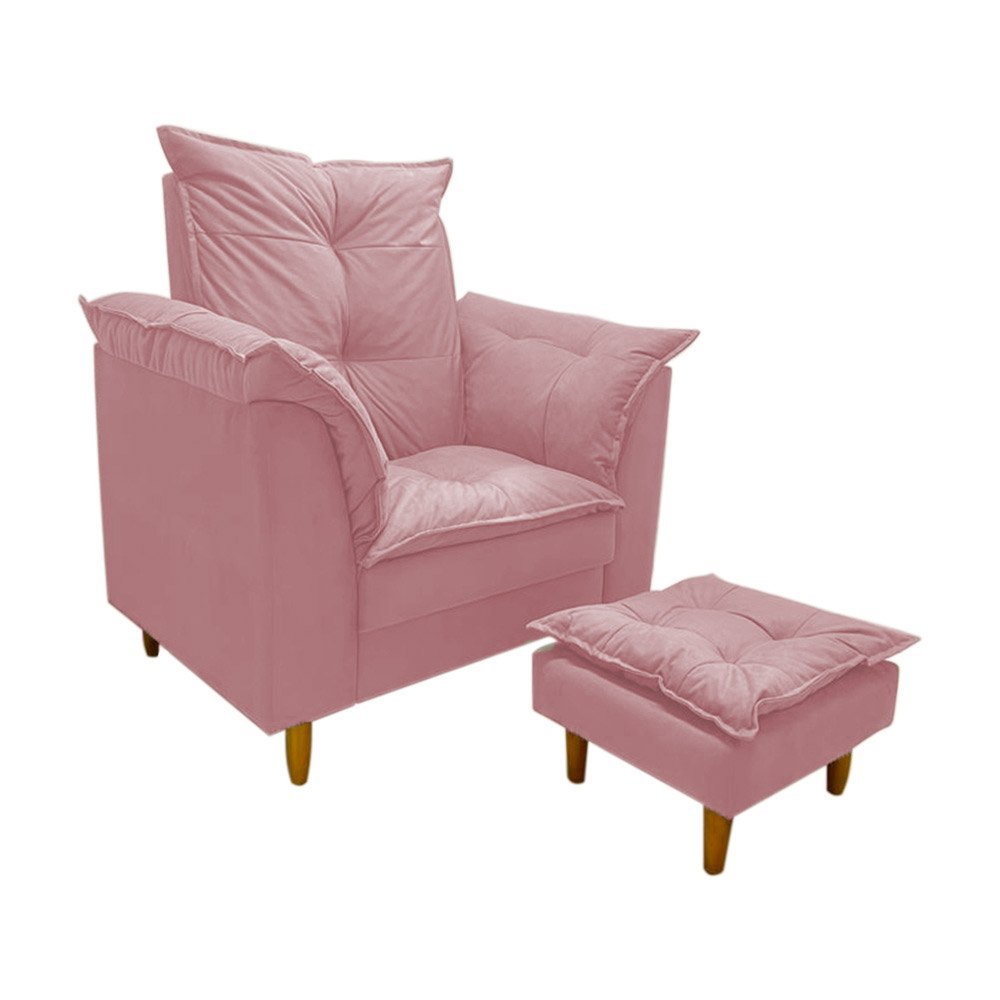 Poltrona Amamentação rosê suede Com Puff Cadeira Para Leitura Descanso - 1