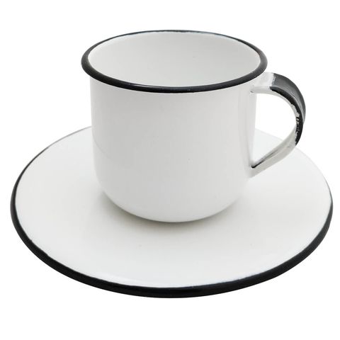 Caneca Esmaltada Xícara Com Pires Para Chá Café 150ml Branco