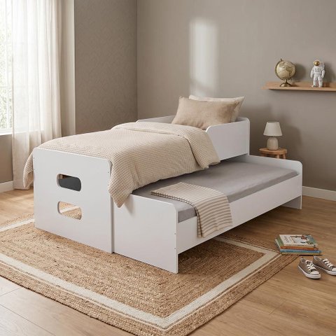 Bicama Solteiro Elis com 2 Colchões e Cama de Apoio Puxável para Quarto Infantil e Visitas - Branco
