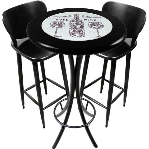 Conjunto Mesa Madeira Azulejo 60cm - Bistrô Fixa 98cm + 2 Banquetas 73 - Preta - More Wine