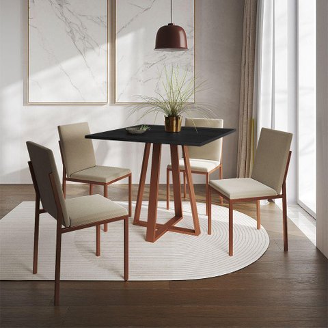 Conjunto de Jantar Mesa 90cm Preta com 4 Cadeiras Estofadas Bege Base Cobre - Preto