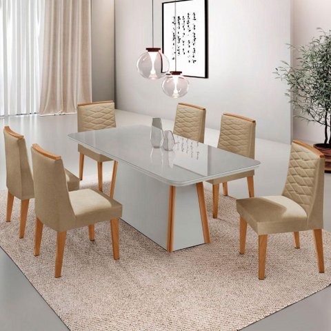 Mesa de Jantar Diane 180cm MDF Vidro com 6 Cadeiras Moderna Turim 07 Naturale Serigrafia Off White