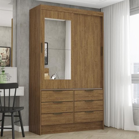 Guarda Roupa Roupeiro Sevilha 2 Portas de Correr 1 Espelho 6 Gavetas Carioca Cinamomo