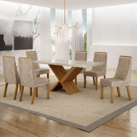 Mesa de Jantar Aurora 180x90cm Vidro 40mm Cinamomo Off White com Kit 6 Cadeiras Linho Bege -Valdem