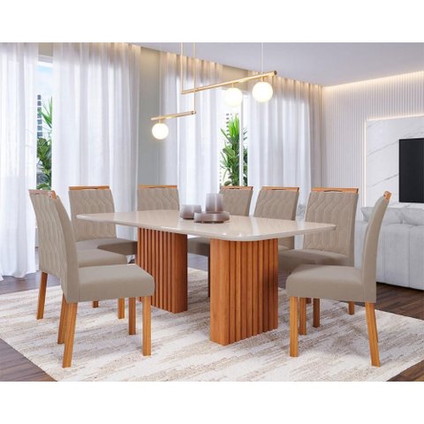 Sala de Jantar Mesa Ester 210 com 8 Cadeiras Paola Wood Cinamomo/off White/mad/nude