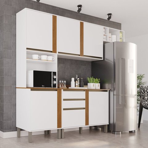 Cozinha Compacta Modulada 4 Peças 5 Portas 2 Gavetas Pérola Branco/Cinamomo