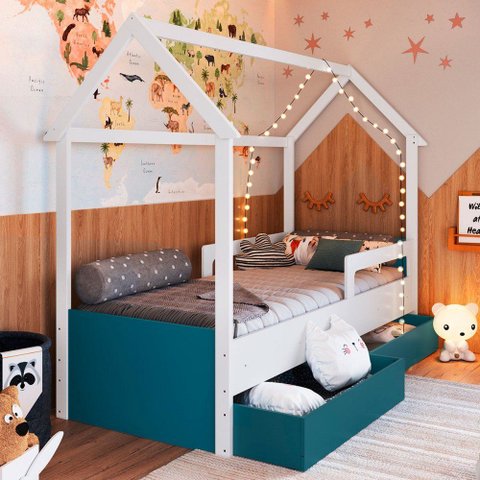 Cama Infantil Montessoriana sem Colchão com Gavetas Branco/Azul - Completa Móveis
