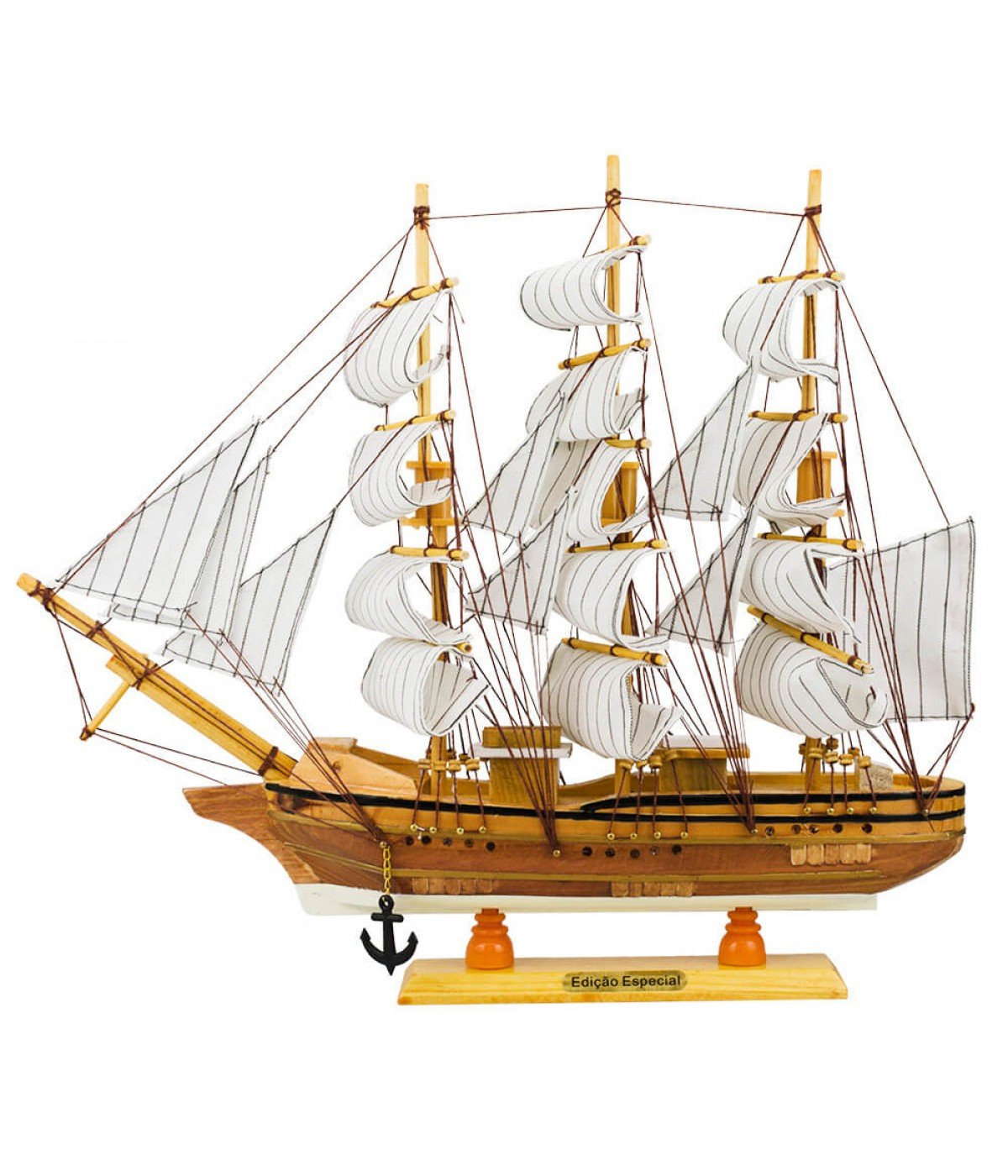 Ver imagem 1 de Miniatura Barco Navio Veleiro Madeira Casco Marrom Base Branca 37.5x7x44cm