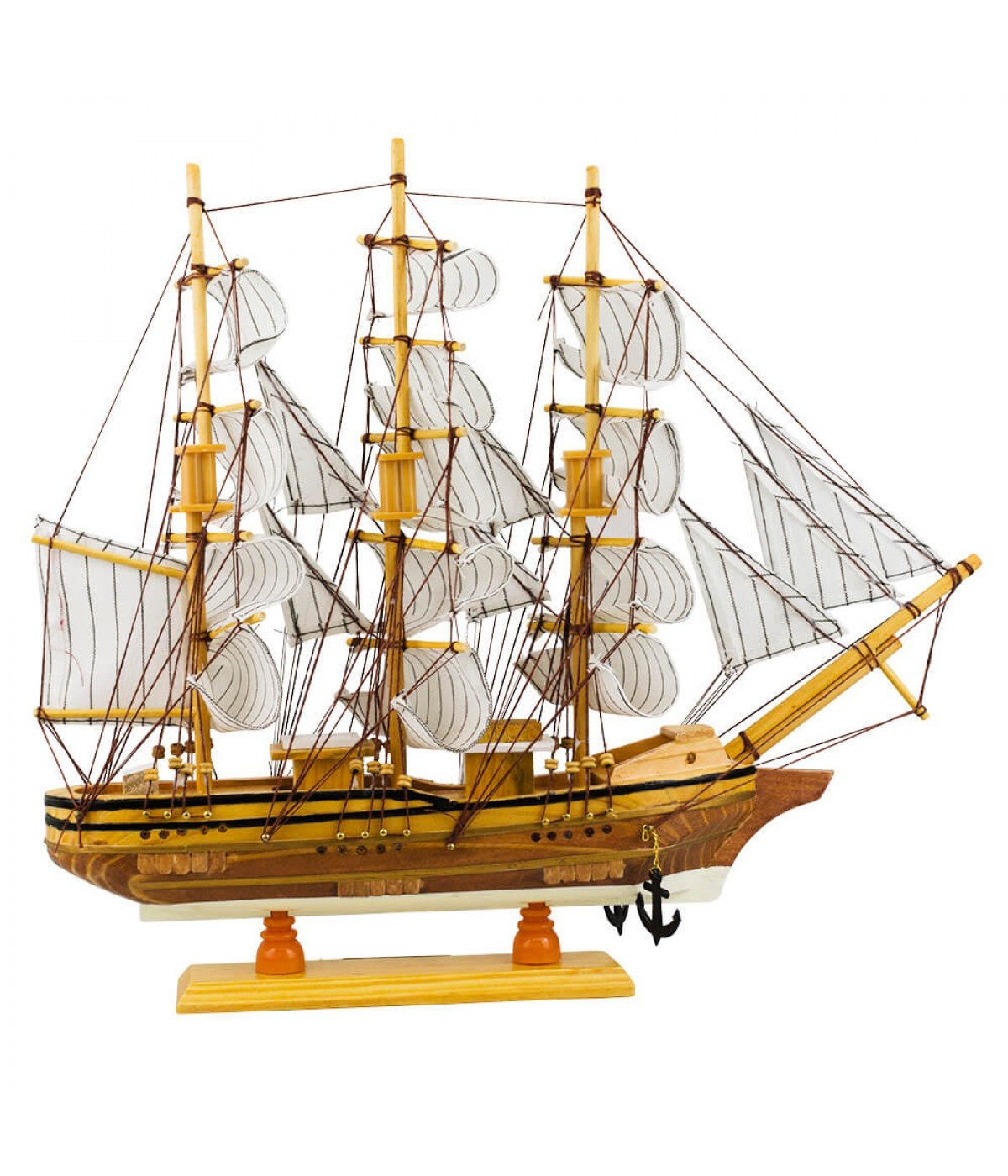 Ver imagem 3 de Miniatura Barco Navio Veleiro Madeira Casco Marrom Base Branca 37.5x7x44cm