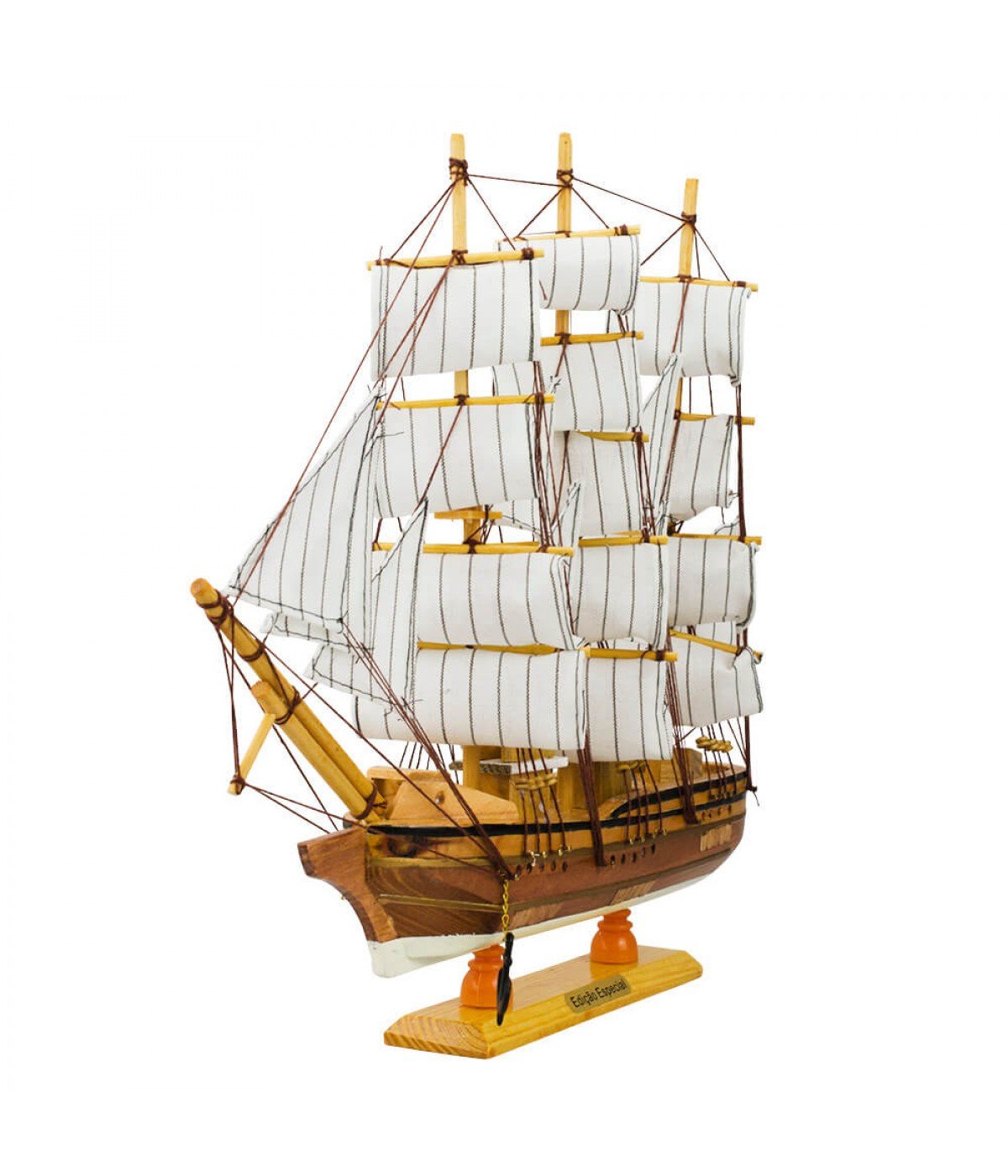 Ver imagem 2 de Miniatura Barco Navio Veleiro Madeira Casco Marrom Base Branca 37.5x7x44cm