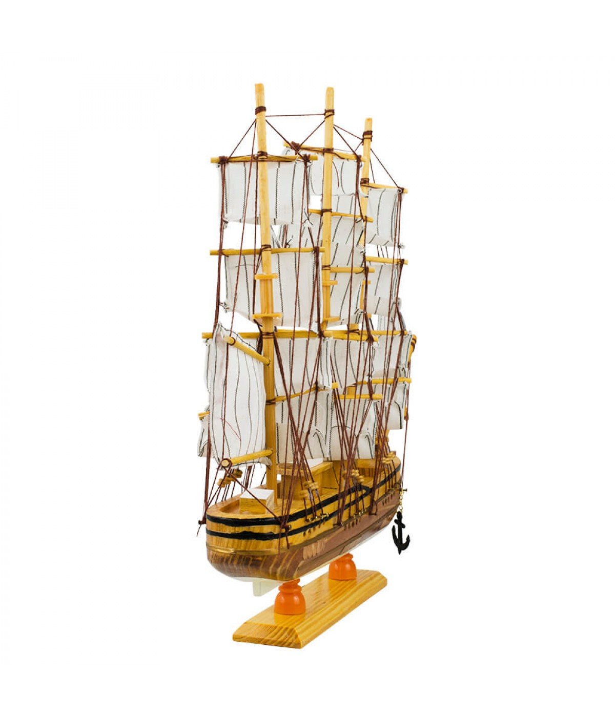 Ver imagem 4 de Miniatura Barco Navio Veleiro Madeira Casco Marrom Base Branca 37.5x7x44cm