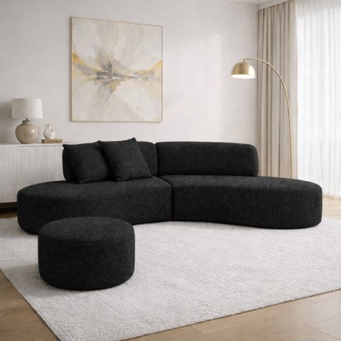 Sofa Virgínia Curvo em Bouclé Kit com Puff | Conforto e Design Moderno