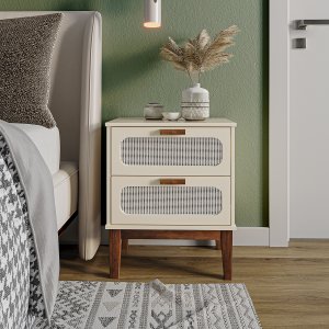 Mesa de Cabeceira Retro Alto Padrão Estilo Europeu Santorini 45cm 2 Gavetas Cor Off White Brilhante