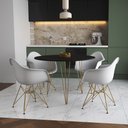 Ver imagem 1 de Mesa Jantar Redonda 90cm Preta Clips 3 Pés com 4 Poltronas Eiffel Eames Daw Brancas Base Dourado