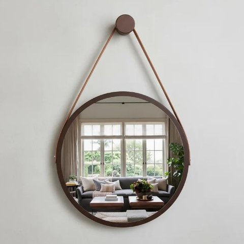 Espelho Redondo Adnet Decorativo Suspenso com Alça 60cm + Suporte Marrom com Alça Caramelo