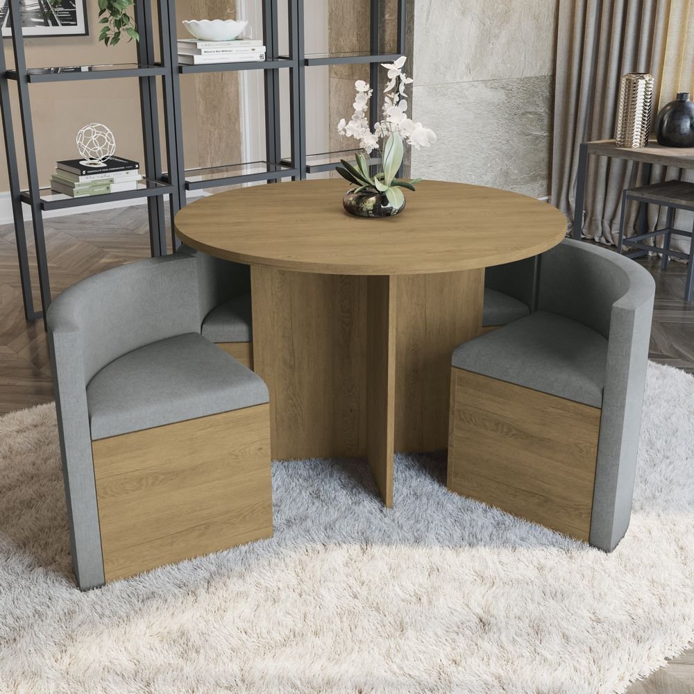 Conjunto Mesa de Jantar Redonda Vértice 105cm Nozes com 4 Cadeiras