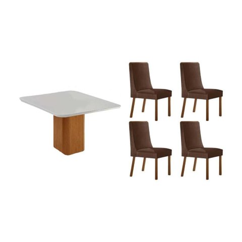 Conjunto: Mesa Sala Jantar Maldivas C/ Tampo Madeirado C/ Vidro Canto Curvo 90x90cm e 4 Cadeiras