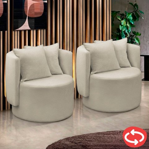 Kit 2 Poltrona Orgânica Base Giratória Maya Boucle Bege Redonda Decorativa - Arkell