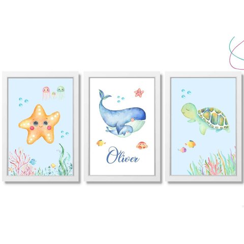 3 Quadros Decorativos Infantil Fundo do Mar Baleia Estrela:branca