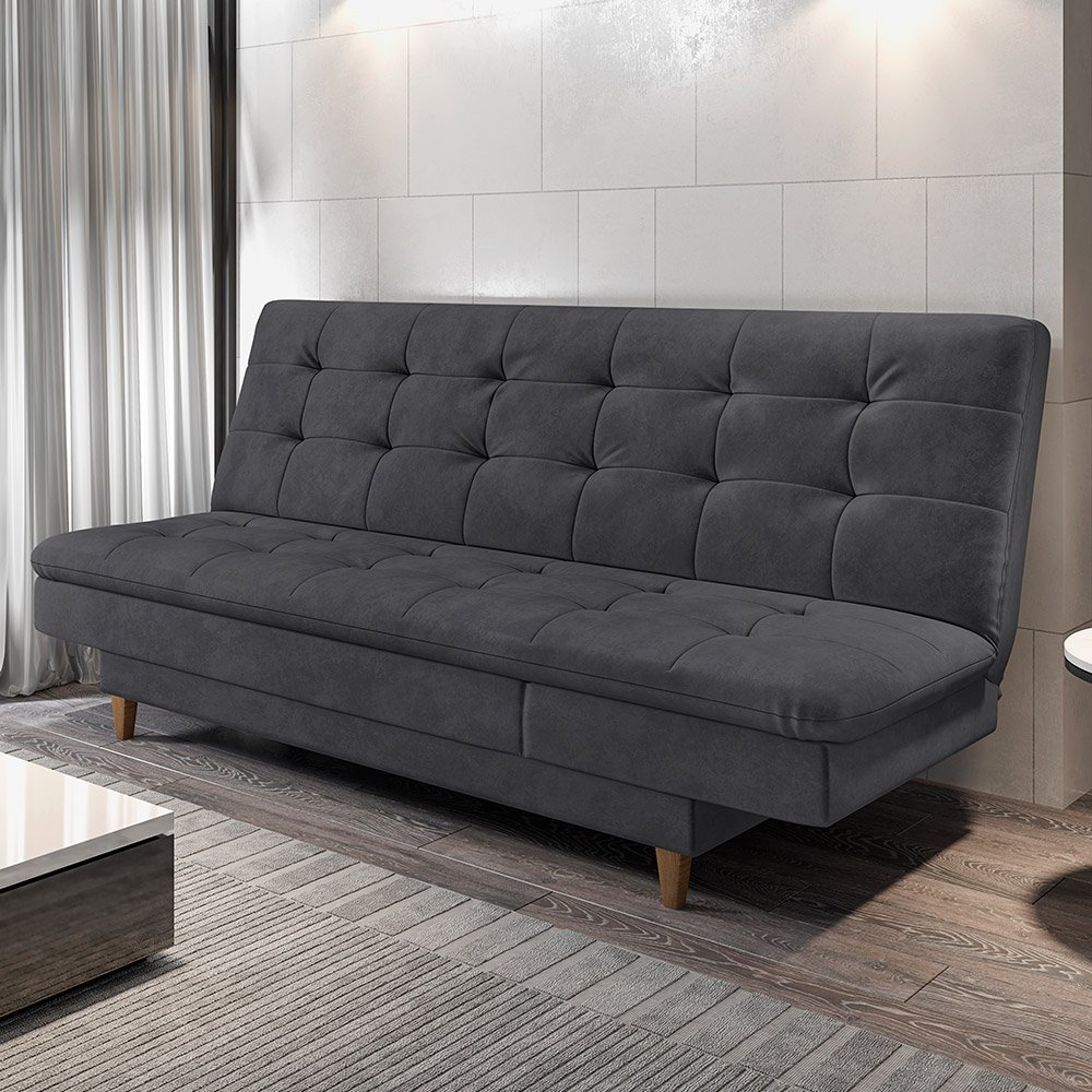 Sofá Cama Gales 188 cm Encosto Reclinável Veludo Grafite Pés Madeira
