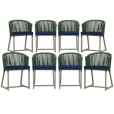 8 Cadeiras de Jantar Área Noronha em Alumínio com Pintura Fendi Corda Náutica Estofado 10 Trama Orig
