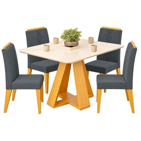 Conjunto de Jantar Kiara 120 com 4 Cadeiras Yasmin 4 Lugares Tampo MDF Vidro Cedro Off White Dj