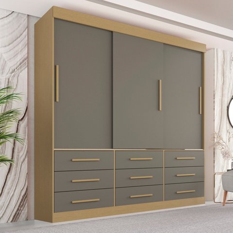 Guarda-Roupa Casal 3 Portas 9 Gavetas Luana Cinza Jequitibá/Granizo