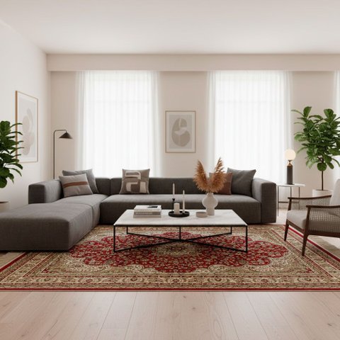Tapete Persa Tabriz Bege com Detalhes em Vermelho - 160x235cm