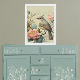 Quadro Provençal Pássaro com Flores 24x18cm - com Vidro:moldura Branca - 2