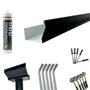 Kit 1,90 Metros Calha Beiral Galv. Preto com Bico 75mm e Acessórios para Instalação