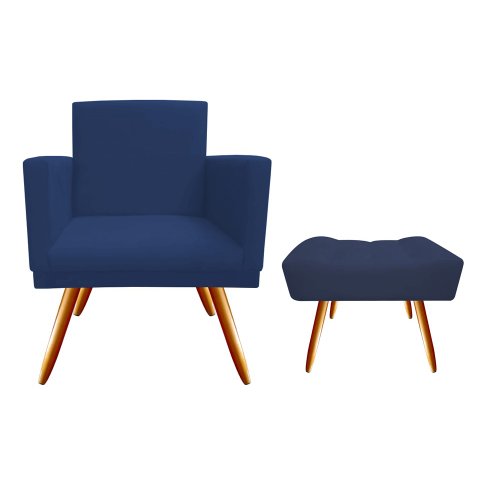 Kit Poltrona Decorativa Bia + Puff Retangular Suede Azul Marinho Pés Madeira Ms Decor