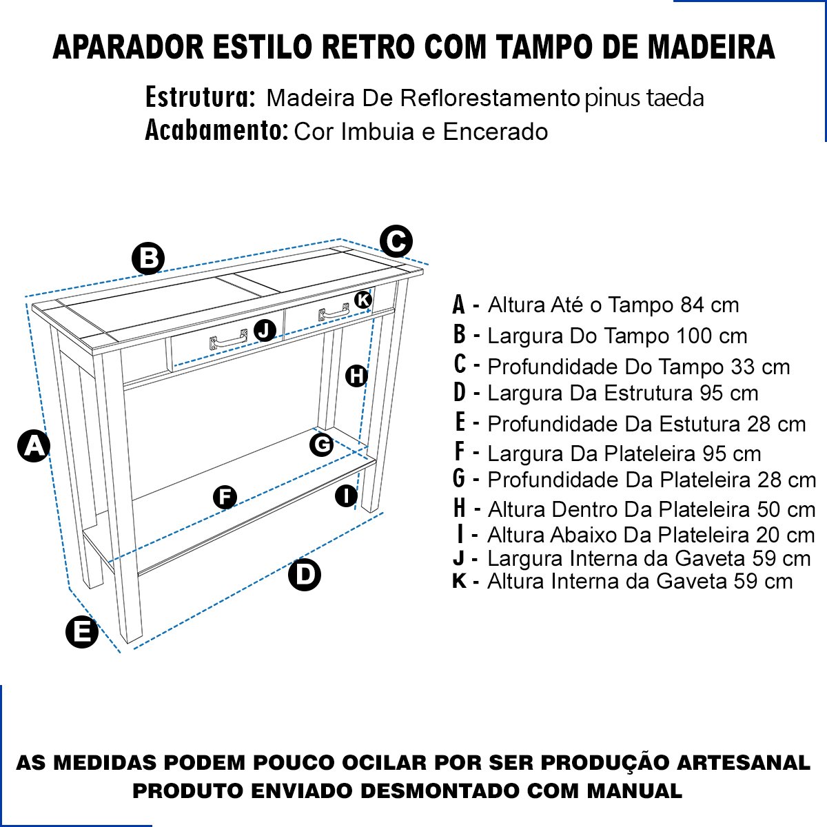 Aparador 100 Cm Retrô Rustico de Madeira Maciça Cor Imbuia - 2