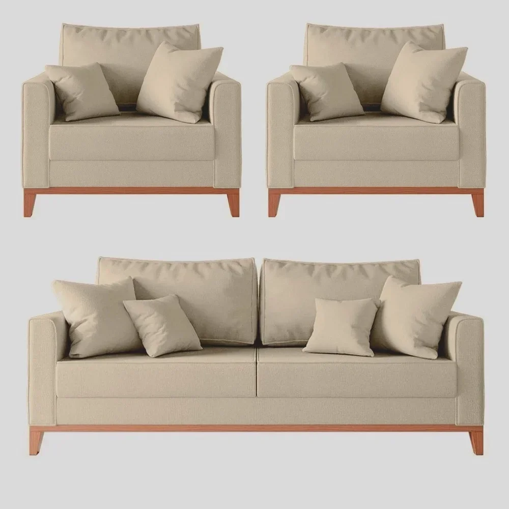 Kit Sofá 3 Lugares e 2 Poltronas Beny com Base de Madeira Linho - 3