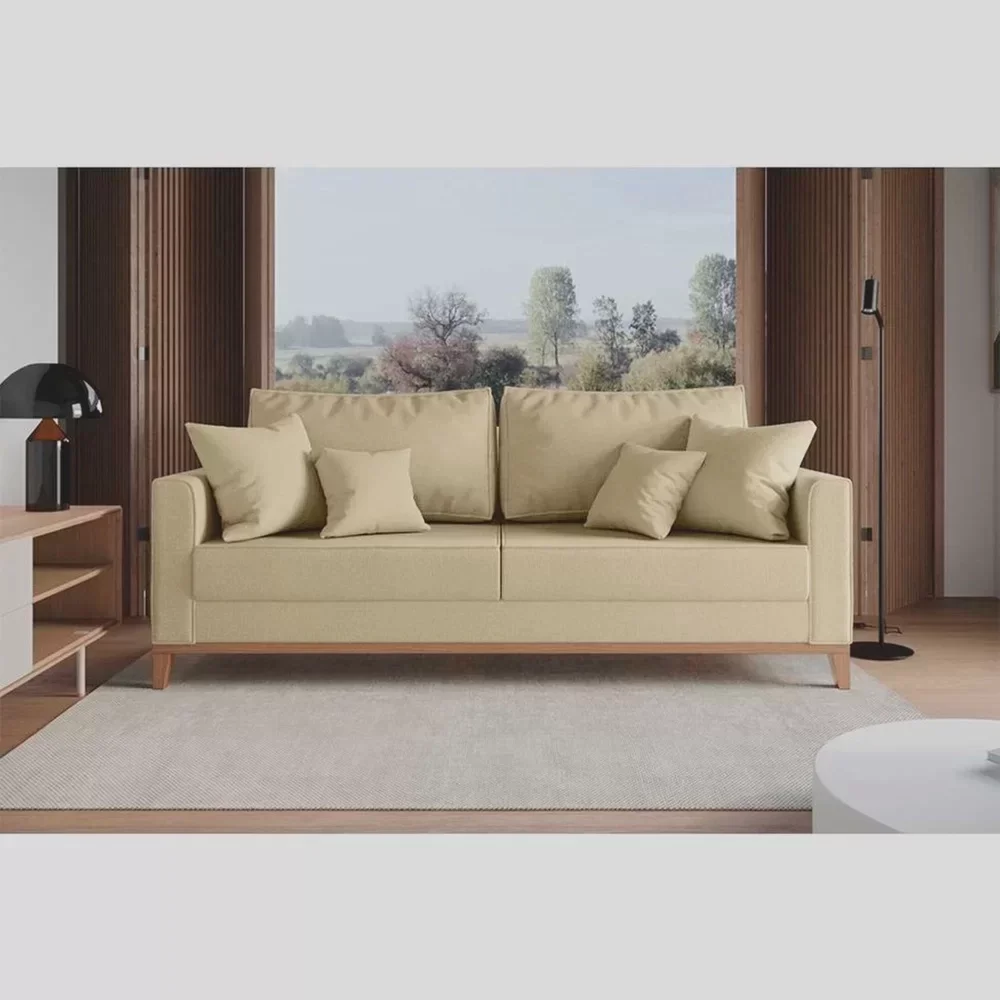 Kit Sofá 3 Lugares e 2 Poltronas Beny com Base de Madeira Linho - 5