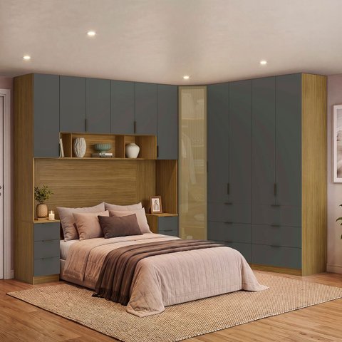 Quarto Modulado Queen 6 Peças Altezza Clean Belmax:Freijó/Titânio