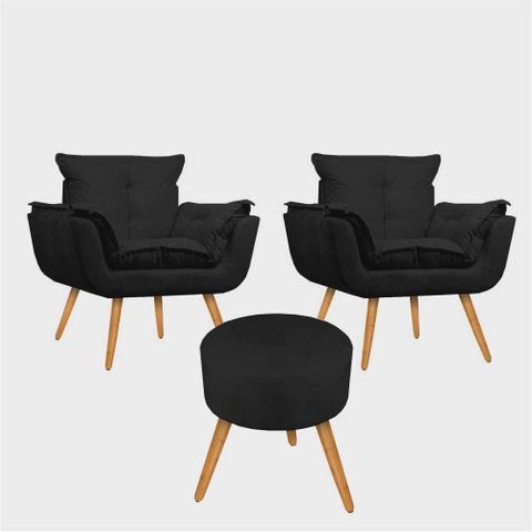 Conjunto 2 Poltronas Decorativas Opala e 1 Puff Redondo Pés Palito Suede Preto UlissesDecor