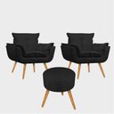 Ver imagem 1 de Conjunto 2 Poltronas Decorativas Opala e 1 Puff Redondo Pés Palito Suede Preto UlissesDecor