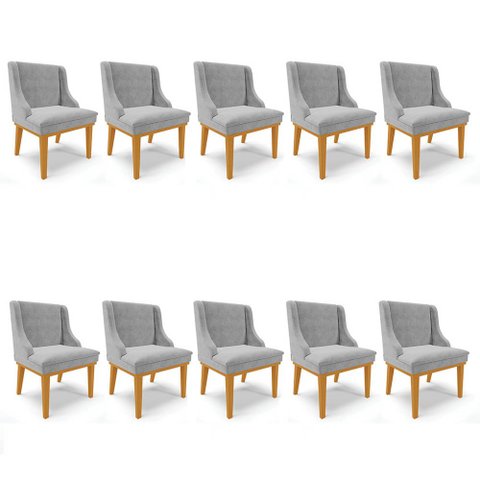 Kit 10 Cadeiras Estofadas para Sala de Jantar Base Fixa de Madeira Castanho Lia Suede Cinza - Ibiza